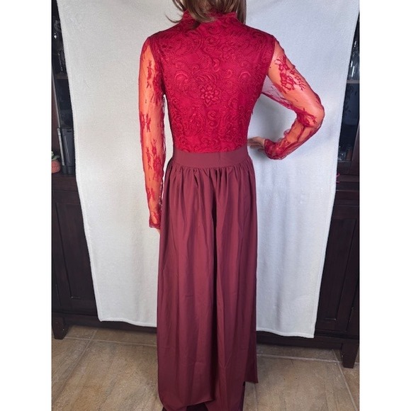 NWOT Beautiful red lace semi sheer sleeves upper silky wine lower maxi dress S - Picture 8 of 12